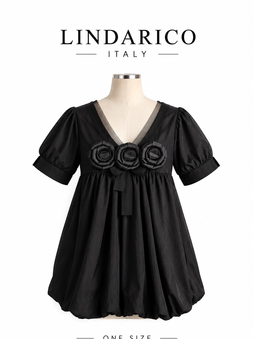 Lindarico Italy Black Silk Cotton 3D Rosette Babydoll Tunic Top One Size